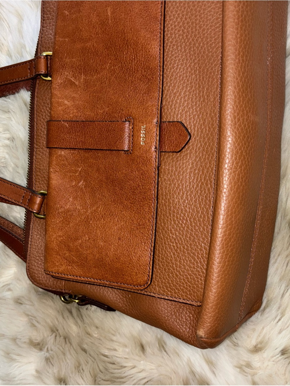 Fossil Tan/Brown Leather Satchel with Front Pocket - Picture 6 of 7